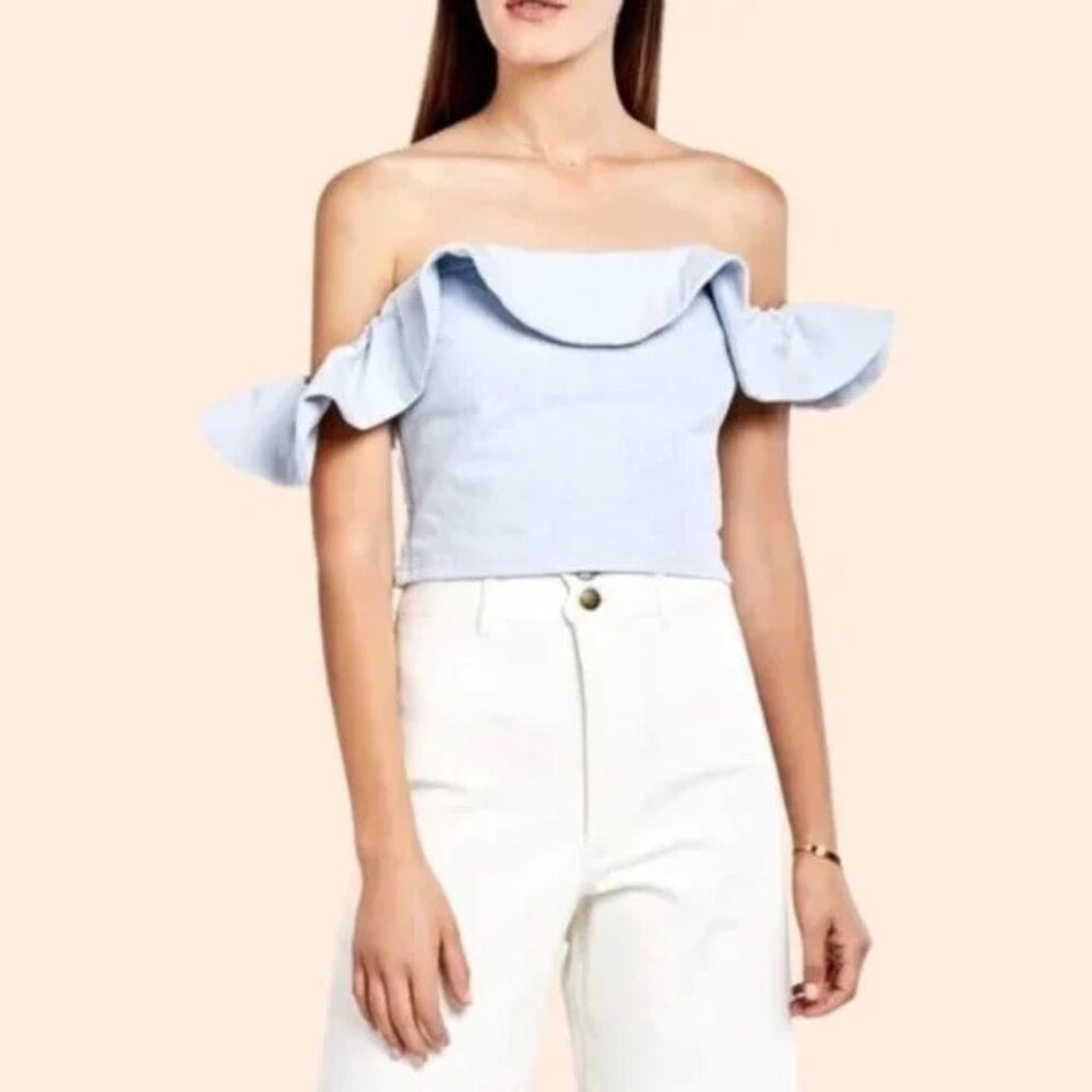APIECE Apart Florian Off Shoulder Crop Tank Top Shirred Back Denim